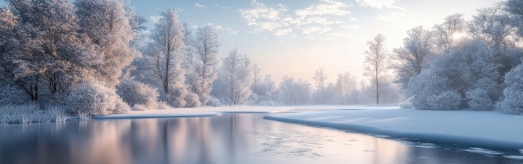 Frozen Lake with Cracks and Snow-Covered Pine Trees in a Winter Landscape