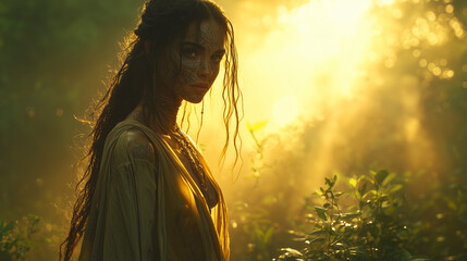 human druid with intricate tattoos stands in a sunlit forest, her eyes telling tales of nature's secrets