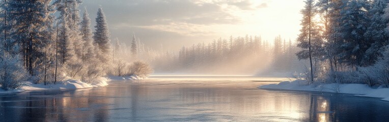 Frozen Lake with Cracks and Snow-Covered Pine Trees in a Winter Landscape