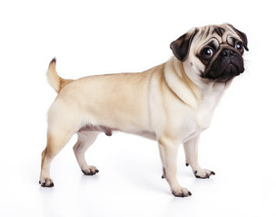 Obraz premium Pug standing on white background, cute dog in profile, cream fur, adorable pet, isolated image of a pug, domestic animal, dog breed, pet photography concept