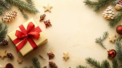Golden Gift Box with Christmas Decorations on Beige Background