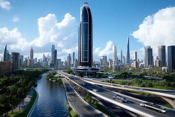 Fototapeta premium 3D-rendered urban skyline, with futuristic skyscrapers, bridges, and roads fully modeled in a dynamic, digital environment