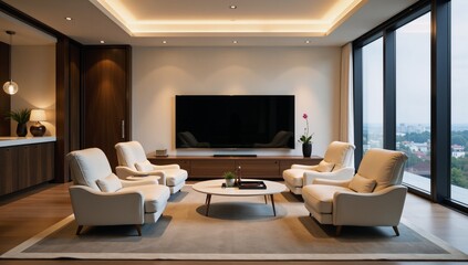 Stylized living room scene featuring an armchair setup around a TV screen with a scenic view through a panoramic window