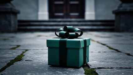 Naklejka premium cinematic, dark-toned scene featuring a single, small, green gift box placed on a stone-paved ground.
