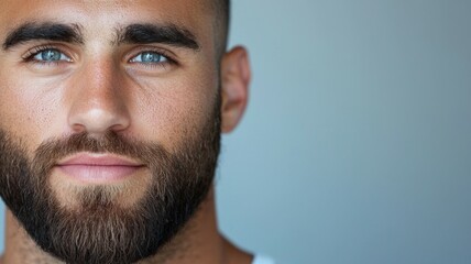 A man with a beard and blue eyes is smiling