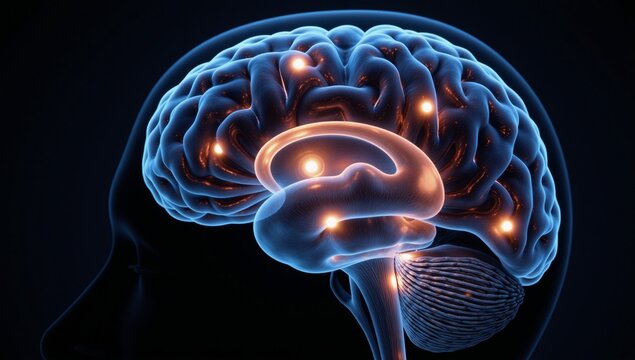 Glowing neural network visualization of a human skull