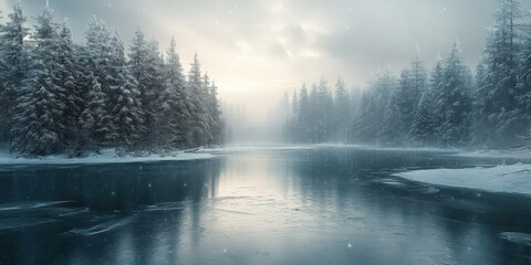 Fototapeta premium Frozen Lake with Cracks and Snow-Covered Pine Trees in a Winter Landscape