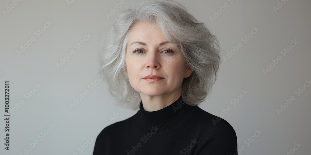 Canvas Prints Portrait of a woman with gray hair, wearing a black turtleneck sweater.