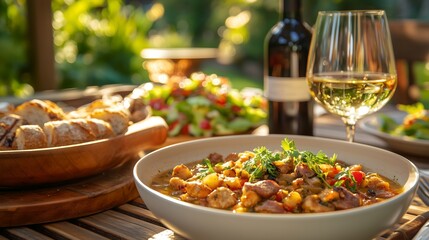 Luxury concept of summer lunch on a beautiful terrace or in outdoor cafe Amazing lunch or dinner with beef meat dish classic nicoise salad cold soup fresh bread and glass of white wine