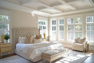 A bedroom with a white bed, a white chair, and a white dresser