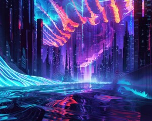 Captivating Xenowave Landscape Ethereal Biomorphic Forms and Vibrant Neon Drenched Cityscape