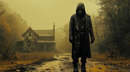 Fototapeta premium Lone Figure In Mask And Black Coat On Deserted Road, Abandoned House, Apocalyptic Concept.