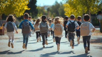 A group of children are running down a street, some of them wearing backpacks