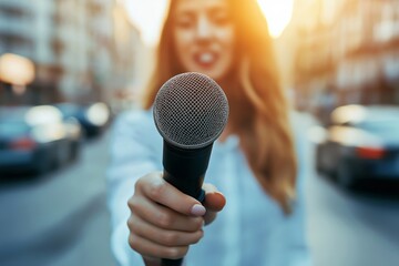 Female reporter holding microphone on city street, sunshine background, journalism concept