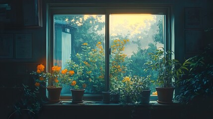 Window View with Blooming Flowers and Lush Greenery