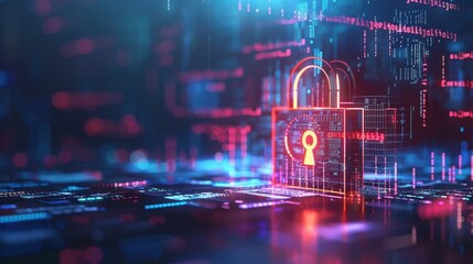 Cyber Security Concept with Oversized Padlock and Digital Encryption Symbols