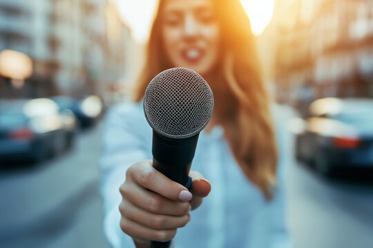 Female reporter holding microphone on city street, sunshine background, journalism concept