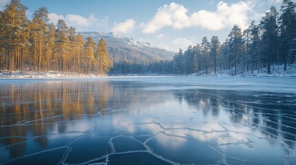 Frozen Lake with Cracks and Snow-Covered Pine Trees in a Winter Landscape