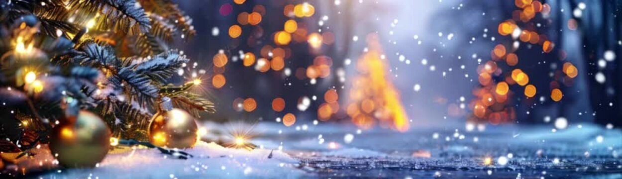 Christmas banner with Xmas balls, fir tree in snow and copy space on bokeh background. New Year theme