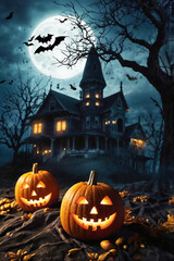 halloween haunted house background with pumpkins