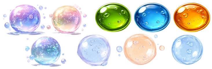 Colorful and shiny soap bubbles in various sizes and shades, including blue, green, orange, and purple. These vibrant bubbles create playful and cheerful atmosphere, perfect for illustrations or