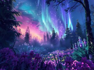 Enchanting Celestial Glow Illuminates Mystical Forest Flowers