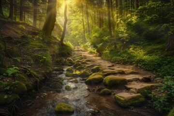 Fototapeta premium Enchanting forest trail leading through lush greenery with babbling creek and glimmering sunbeams