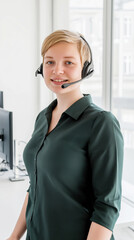 Friendly call center operator with headset, smiling customer support agent, professional woman at workplace, call center concept