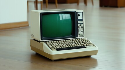 Retro computer green text-only monitor vintage technology nostalgic design. AI generated