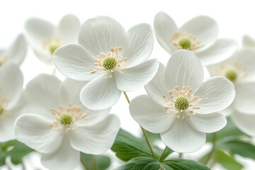 Fototapeta premium A beautiful arrangement of white flowers accompanied by vibrant green leaves in a clear vase. 