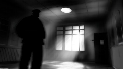 Obraz premium Ethereal Silhouette Bathed in Moonlight Glow Through Dimly Lit Window