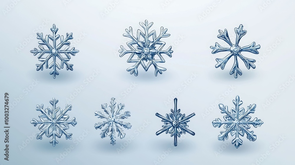 Poster a set of six snowflakes with different shapes and sizes