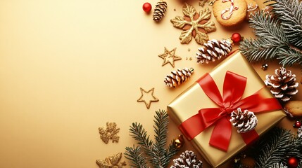 Golden Gift Box with Red Ribbon and Christmas Decorations on Beige Background