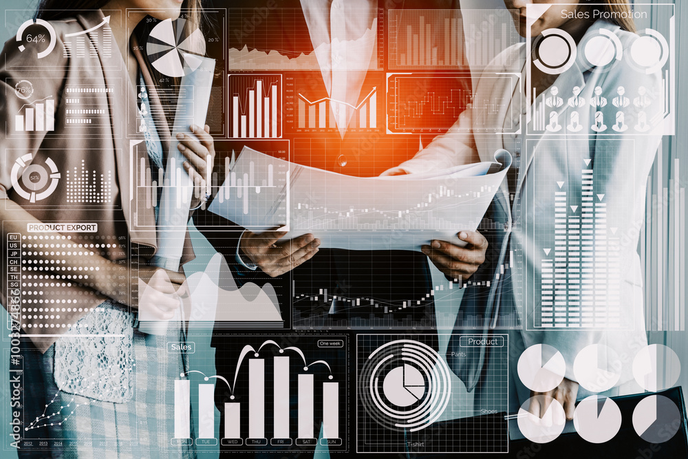 Poster big data technology for business finance analytic concept. modern interface shows massive informatio