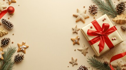 Obraz premium Festive Christmas Background with Gift, Pine, and Cookies