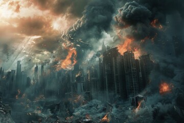 Infernal Destruction Ravaging a Dystopian Sci Fi Cityscape in Dramatic Chiaroscuro