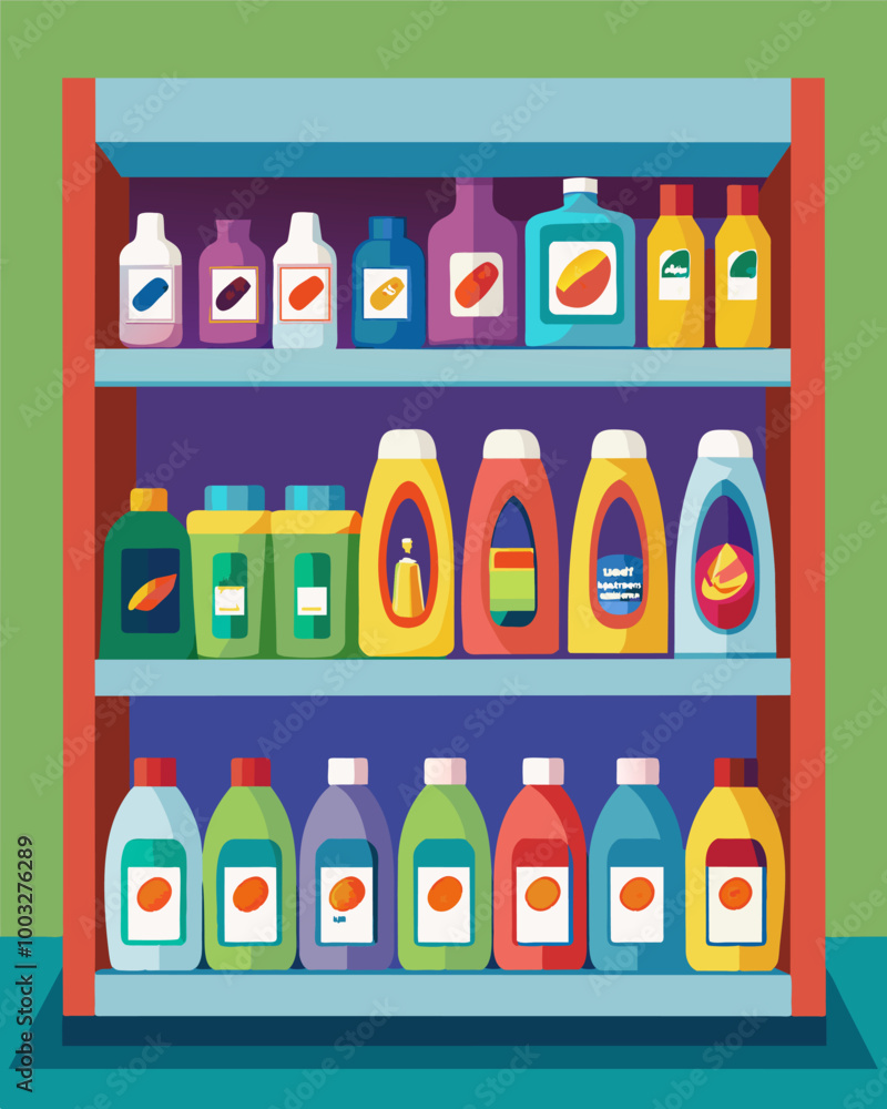 Poster a nearly empty shelf of laundry detergent with only a couple of generic brands remaining.. vector il