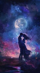 Obraz premium Lovers Embraced Under Starry Night Sky Moonlight Casting Ethereal Radiance