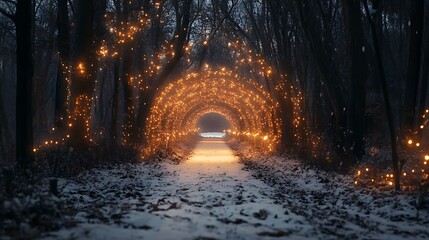 Fototapeta premium Snowy landscape with tunnel adorned by glowing lights and trees picture