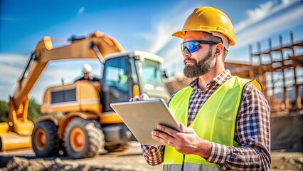Obraz premium Hispanic Female Inspector Discussing with Caucasian Male Land Development Manager on Construction Site with Excavators in Background