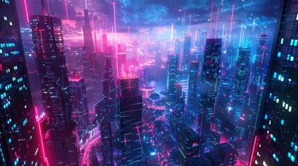 Obraz premium Mesmerizing Futuristic Cityscape Bathed in Vibrant Neon Lights and Glowing Ambiance