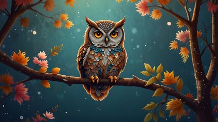 Portrait illustration of a close-up of an owl in beautiful bright bokeh of nature