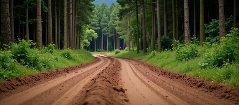 Muddy road winding through lush rainforest amidst signs of logging activity rainforest logging