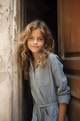 Fototapeta premium Fashion editorial portrait young girl kid child teen wearing grey gray jumpsuit outfit outside during fall autumn in the european city antique vintage rustic aesthetic wood door