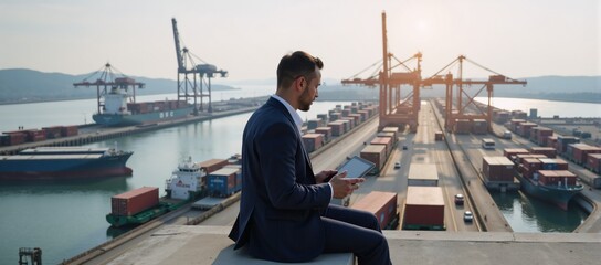 Businessman oversees container port via tablet symbolizing interconnectivity in tech-driven global logistics  transport