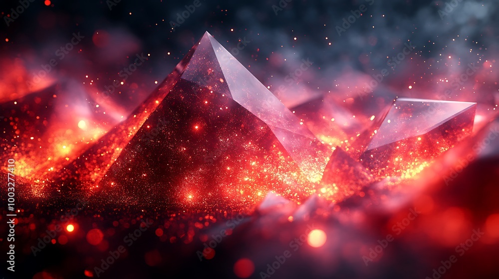 Poster abstract 3d rendering of glowing red pyramids with fire and smoke