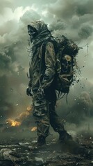 Naklejka premium Resilient Warrior Navigates the Perilous Landscape of a Dystopian Apocalypse