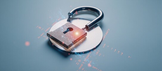 A 3D rendering showcases an open digital lock icon on a white backdrop with related coding text symbolizing the concept of cybersecurity and potential data breaches