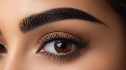 Obraz premium Beautiful young woman , makeup , clean skin. Makeup artist , eyelashes with mascara in a beauty salon . Eyelash extension , beautiful eyebrows