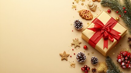 Obraz premium Gold Gift Box with Red Bow and Festive Christmas Decorations